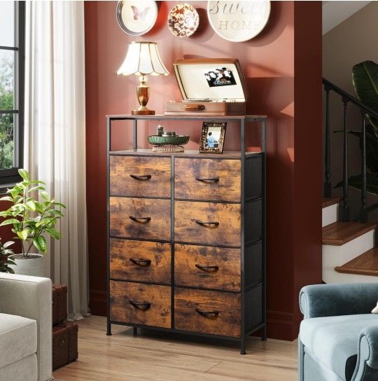 Fabric Dresser for Bedroom with Open Shelves, Tall Dresser with 8 Drawers, Storage Tower with Fabric Bins

