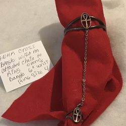 ANHK CROSS Open C SHAPE BANGLE WITH ATTACHED Chain And Ring   Ring Size 4