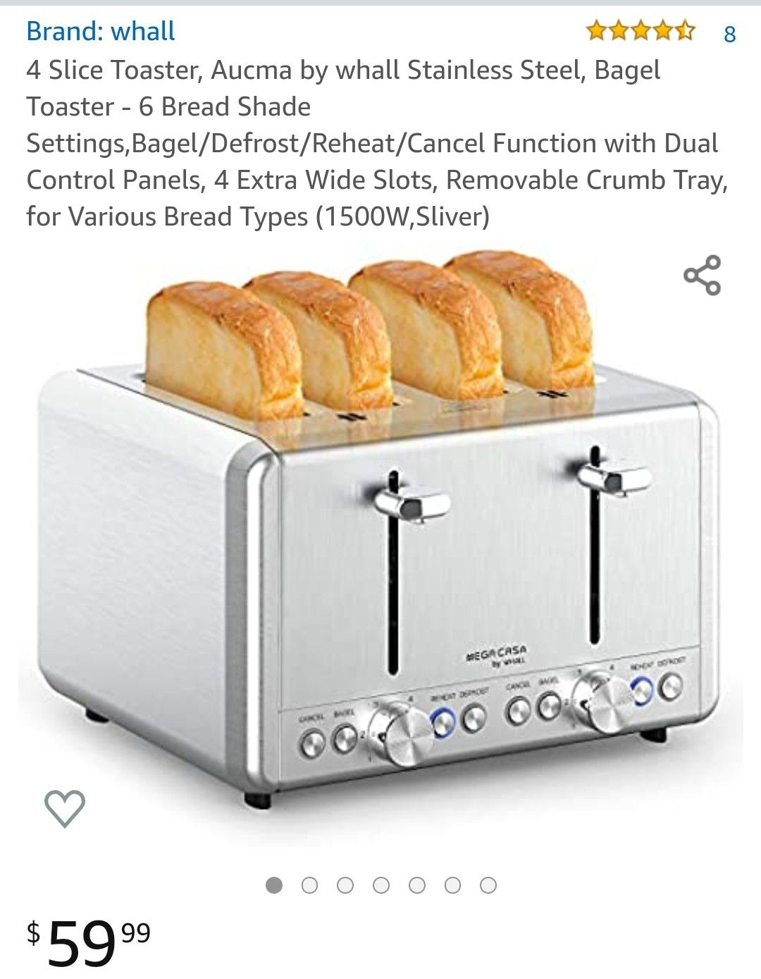 WHALL 2 Slice Toaster - Stainless Steel Toaster with Wide Slot, 6 Shade  Settings, Bagel Function, Removable Crumb Tray 