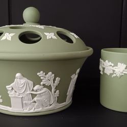Wedgewood Green Jasperware Flower Frog W/Lid And Cigarette/Toothpick Cup.