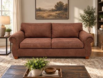 Havertys Transitional Roll-Arm Sofa with Nailhead Trim – Rich Chestnut