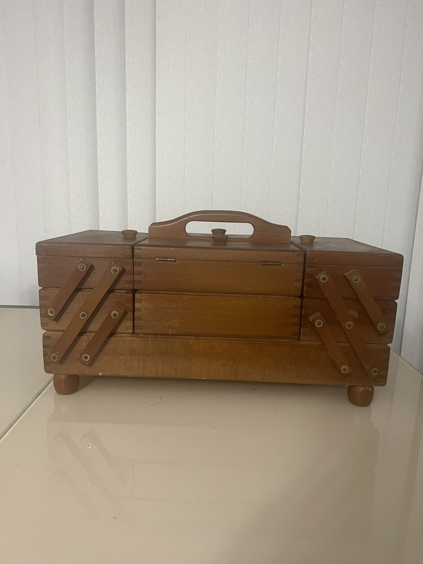 Vintage Wood 3 Tier Fold Out Accordion Sewing Box Made In Romania. Used in good cosmetic
