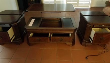 Cherry wood lift top storage coffee table and 2 end tables
