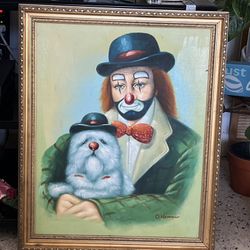 O'Hammer Signed Painting - Clown & Dog - Oil on Canvas Mid Century