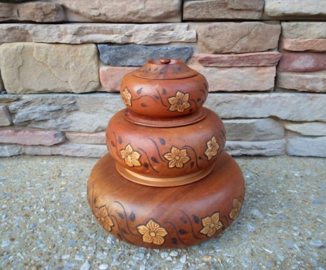 Vintage Handcarved Floral Wood Bowls/Lids