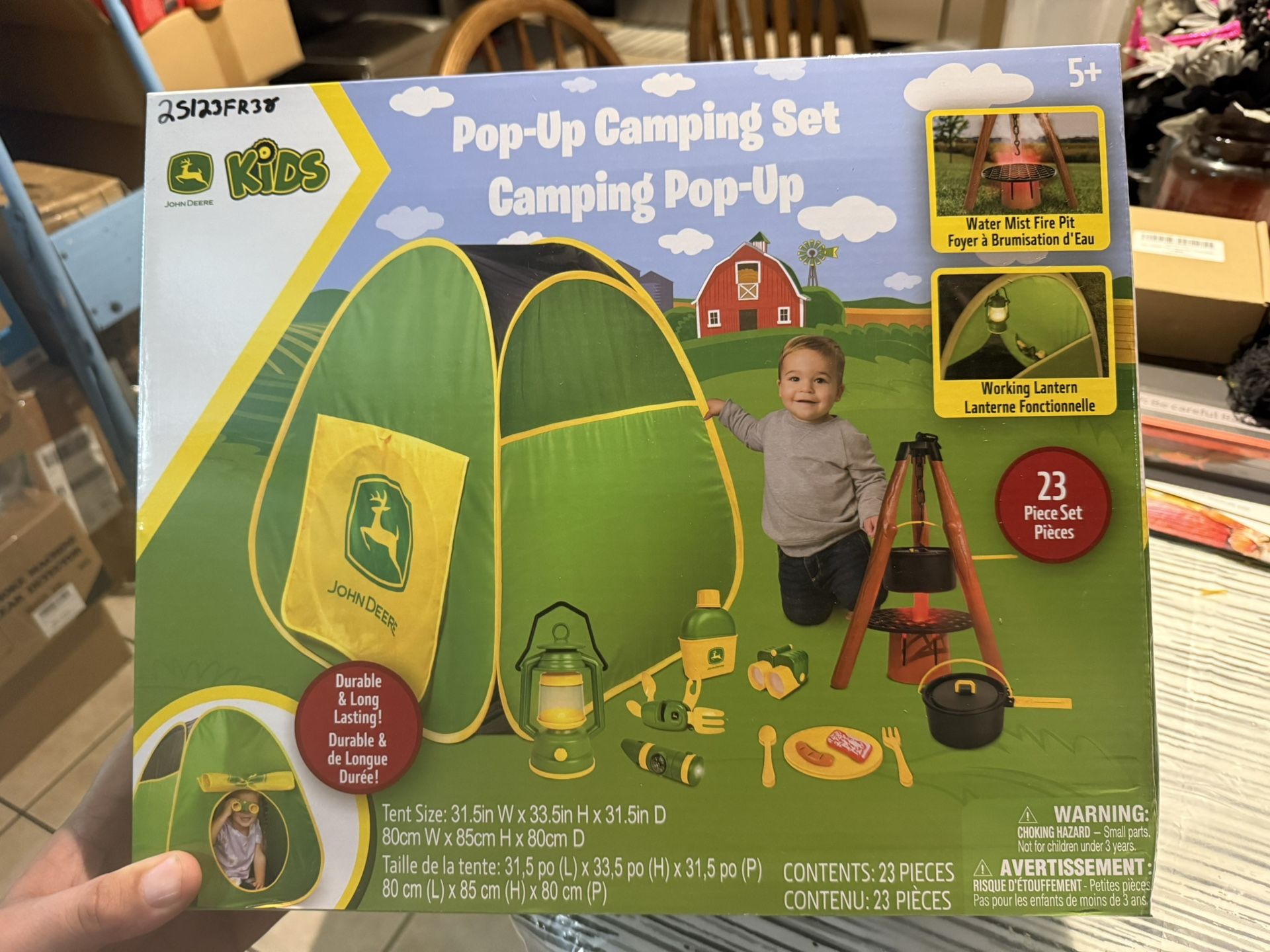 John Deere Pop-Up Camping Tent, 18 Piece Set Includes Canteen, Plates, Utensils, Play Food, Pots, Binoculars, Lantern, and Flashlight, Indoor and Outd