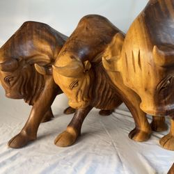 Set of 3 Hand-Carved Wooden Bulls, Freestanding or Coffee table base
