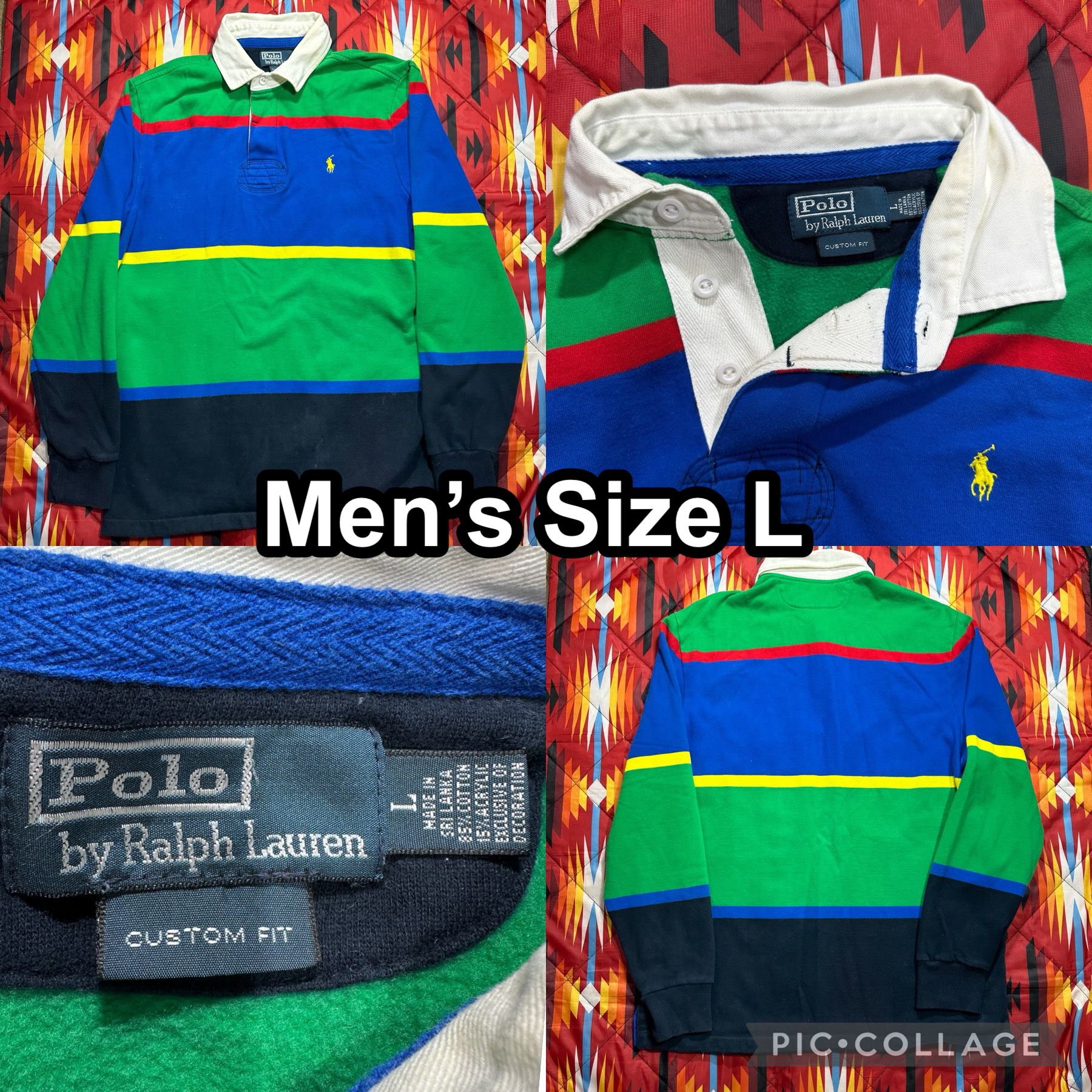 Vintage Polo Ralph Lauren Rugby Shirt Mens Size Large Striped Blue Green Kanye