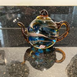 Dynasty Gallery Heirloom Art Glass Teapot Kettle Colorful Swirls & Bubbles 4x6”