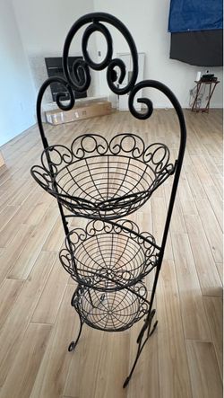 3-Tier Black Wrought Iron Basket Stand
