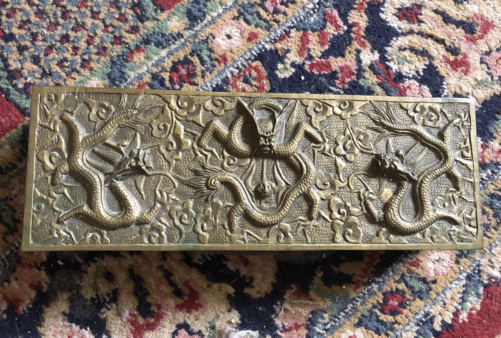 Antique Chinese Bronze High Relief Dragons Box