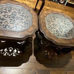 Set of Wooden Carved And Glass End Tables 