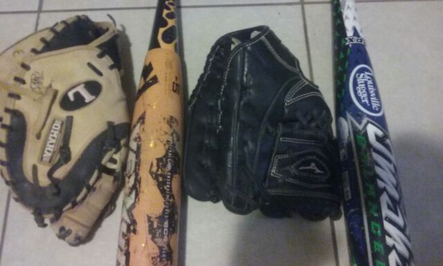 Baseball gloves and bats