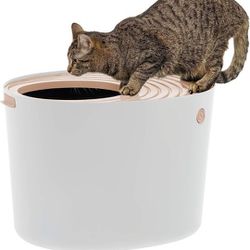 IRIS USA Large Stylish Round Top Entry Cat Litter Box with Scoop, Curved Kitty Litter Pan with Litter Particle Catching Grooved Cover and Privacy Wall