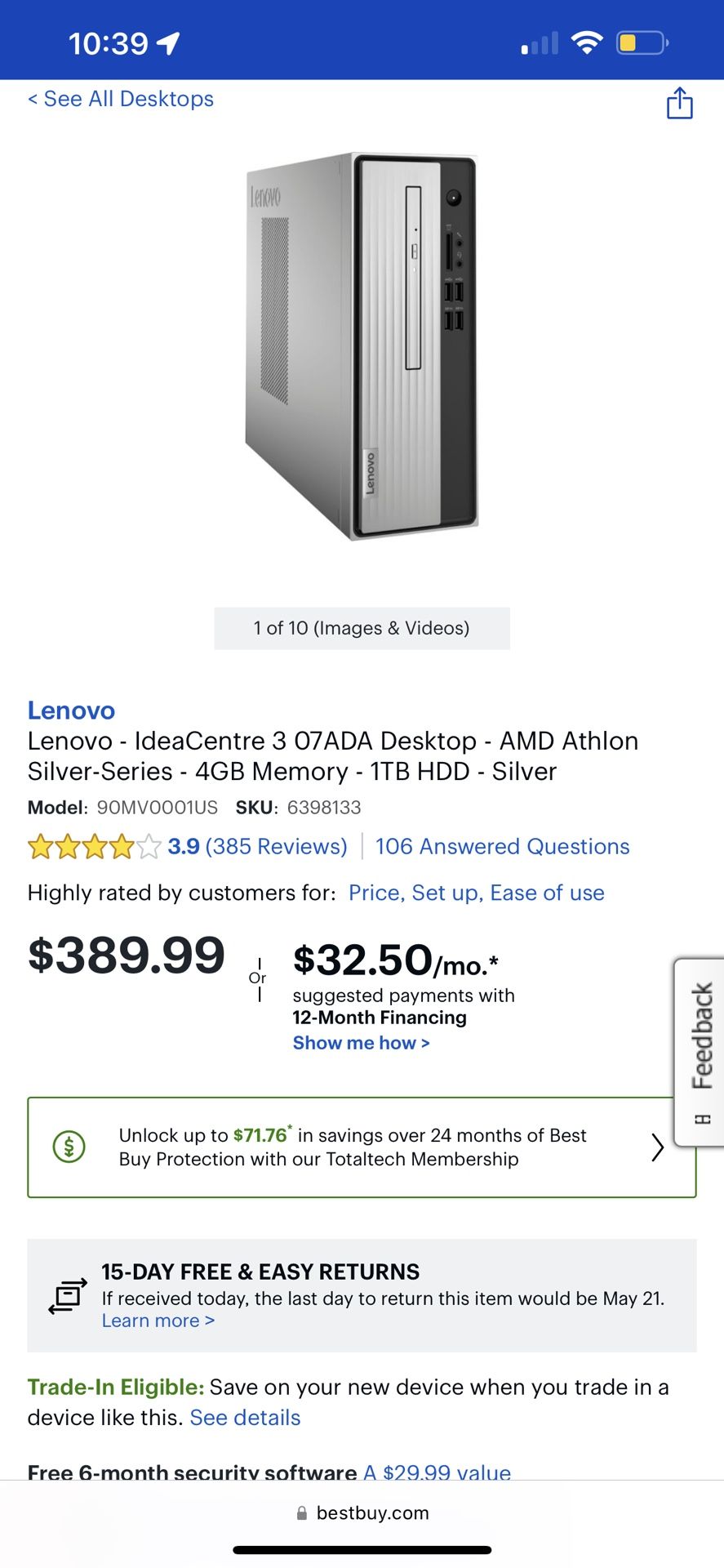 Lenovo IdeaCentre 3 - AMD Athlon Silver-Series - 16GB Memory - 1TB HDD - Silver - (07ADA Desktop)