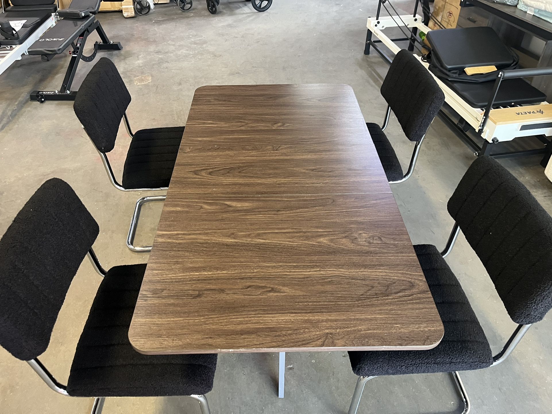 59'' Folded Dining Room Table Set with 4 Chairs for Small Space, Rectangular Wood Folding Kitchen Table with 2 Drawers and Wheels, Walnut