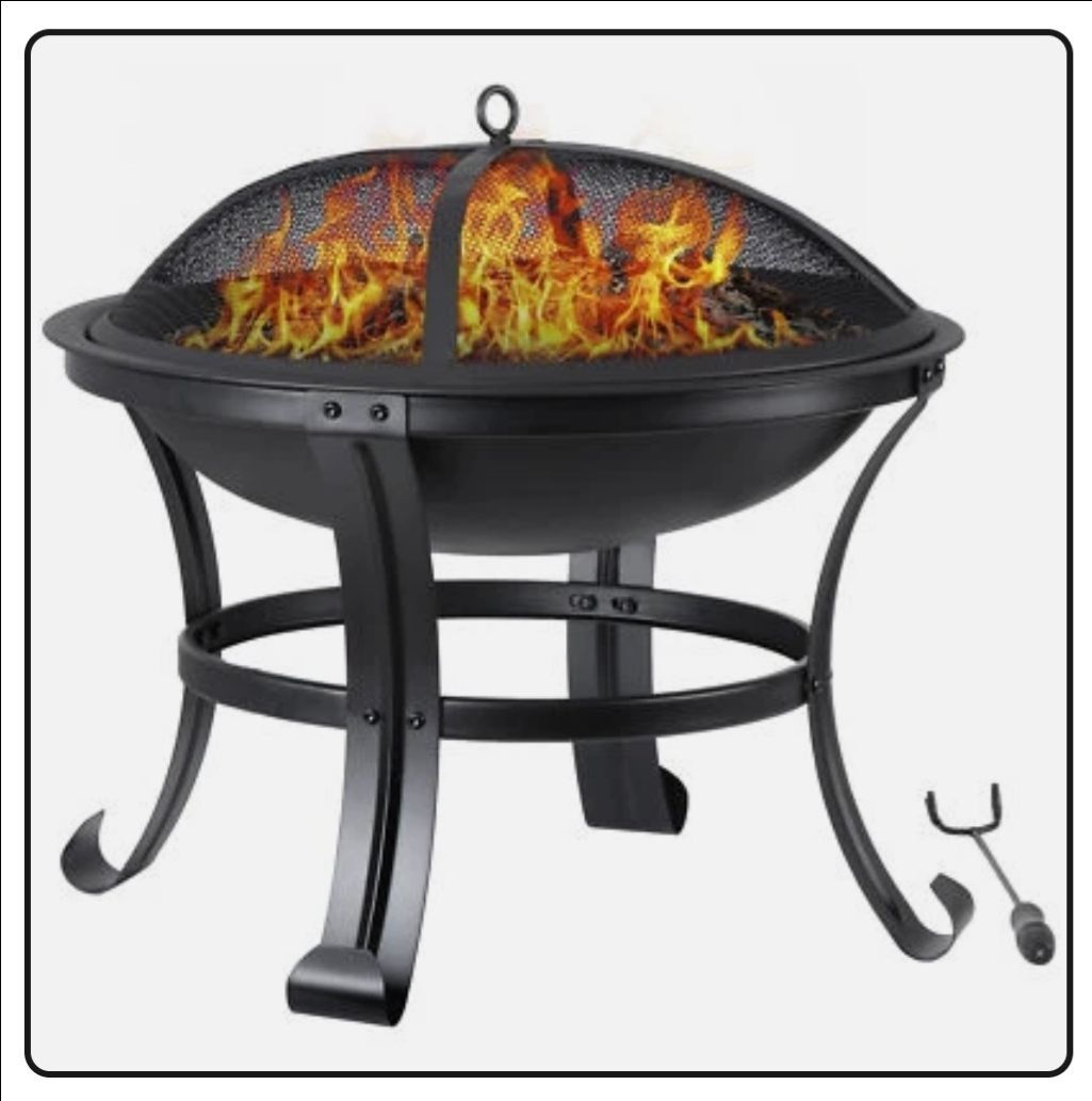 22" Fire Pit~NEW~ for Outside Wood Burning BBQ Grill Steel Fire Bowl w/Mesh Lid Poker