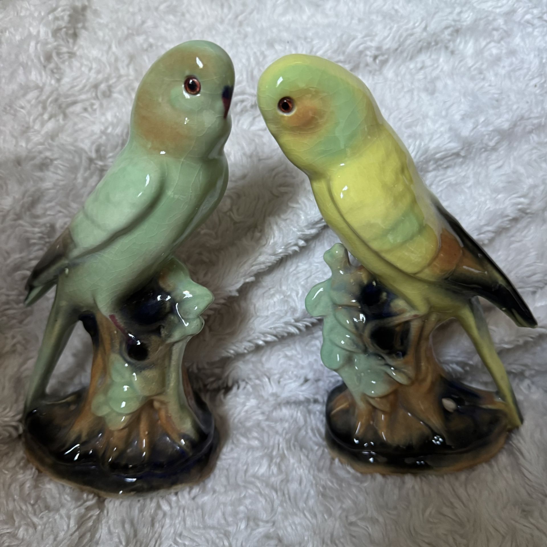 Mid Century Yellow & Green Birds On Branch Pair Hand Painted Ceramic Figurines