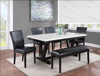 Brand New Black & White 6pc Formal Dining Table Set w Marble Top