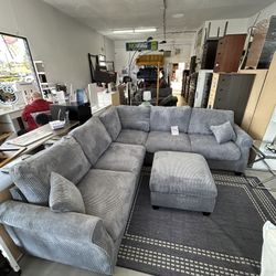 4 Piece Sectional Sofa With Ottoman In Corduroy Fabric 