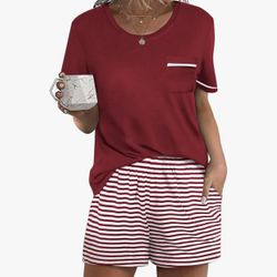Womens Pajamas Sets Shorts 2 Piece Short Sleeve Lounge Sets Round Neck Sleepwear Soft Pjs with Pockets