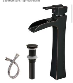 BWE Vessel Sink Tap Oil Rubbed Bronze with Drain Assembly without Overflow and Supply Line Hose Lead-Free Single Handle Single Hole Waterfall Bathroom