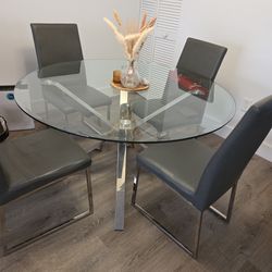 Glass round table 4 leather chairs