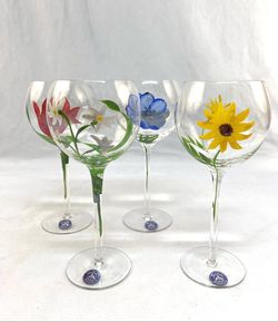 Handpainted Flower Wine Glasses - Never Used ! Set of 4 by Block Basics   Each glass has a unique hand-painted floral design  Original sticker on each