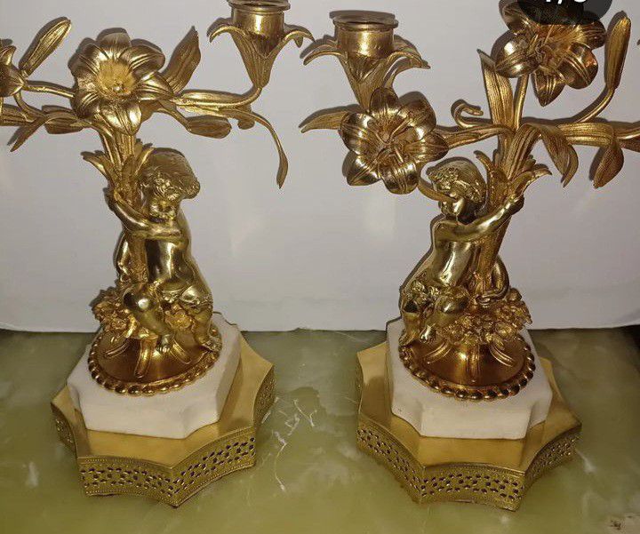 Antique French Bronze Cherubs Candelabras With Marble Base 
