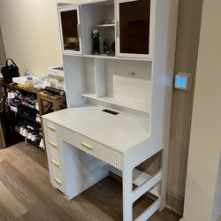 LED Study Desk with Hutch and Drawer, Home Office Desk with Outlet, Computer Desk with Charging Station, Writing Desk for Bedroom, Workstation for Sma