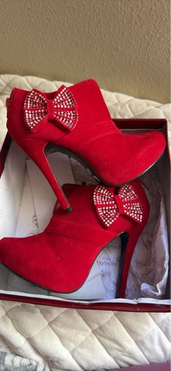 Red Suede Stiletto Booties with Rhinestone Bow