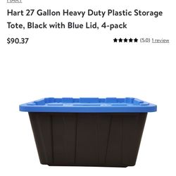 HART 27 Gallon Heavy-Duty Plastic Storage Tote, Black with Blue Lid 