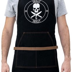 NEW In Box Aprons for Men - BBQ Aprons for Men - Grilling Canvas Apron with Pockets and Skull Design (Black & Brown) - Cooking Chef Apron for Men - Gr