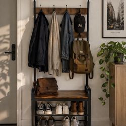 Vintage Coat Rack Shoe Bench, Hall Tree Entryway Storage Shelf, 3 in 1 Design