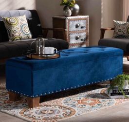 New Blue Storage Accent Ottoman Bench with Nailhead Trim