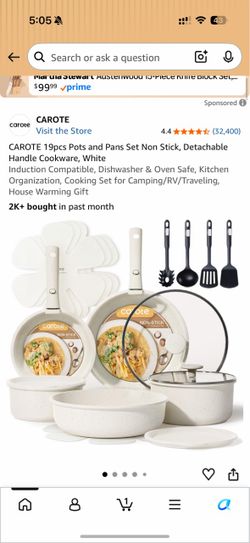 CAROTE 19pcs Pots and Pans Set Non Stick, Detachable Handle Cookware, White Induction Compatible, Dishwasher & Oven Safe, Kitchen Organization, Cookin