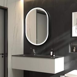 21 in. W x 31 in. H LED Oval Black Metal Framed Wall Mount Bathroom Medicine Cabinet with Mirror