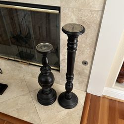 Set Of Two Wooden Pillar Candle Holders From Bombay 30" &24" 