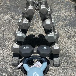 SET OF DUMBBELLS WITH PYRAMID RACK & 20 LB. KETTLEBELL (PAIRS OF) :  5s   8s. 10s. 12s. 15s