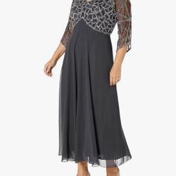 Women's Size 14W & Size 18W 3/4 Sleeve Beaded Gowns, Gunmetal Gray w/ Silver Handmade Beading, NEW