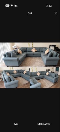 Large Gray Blue Fabric Sectional Sofa