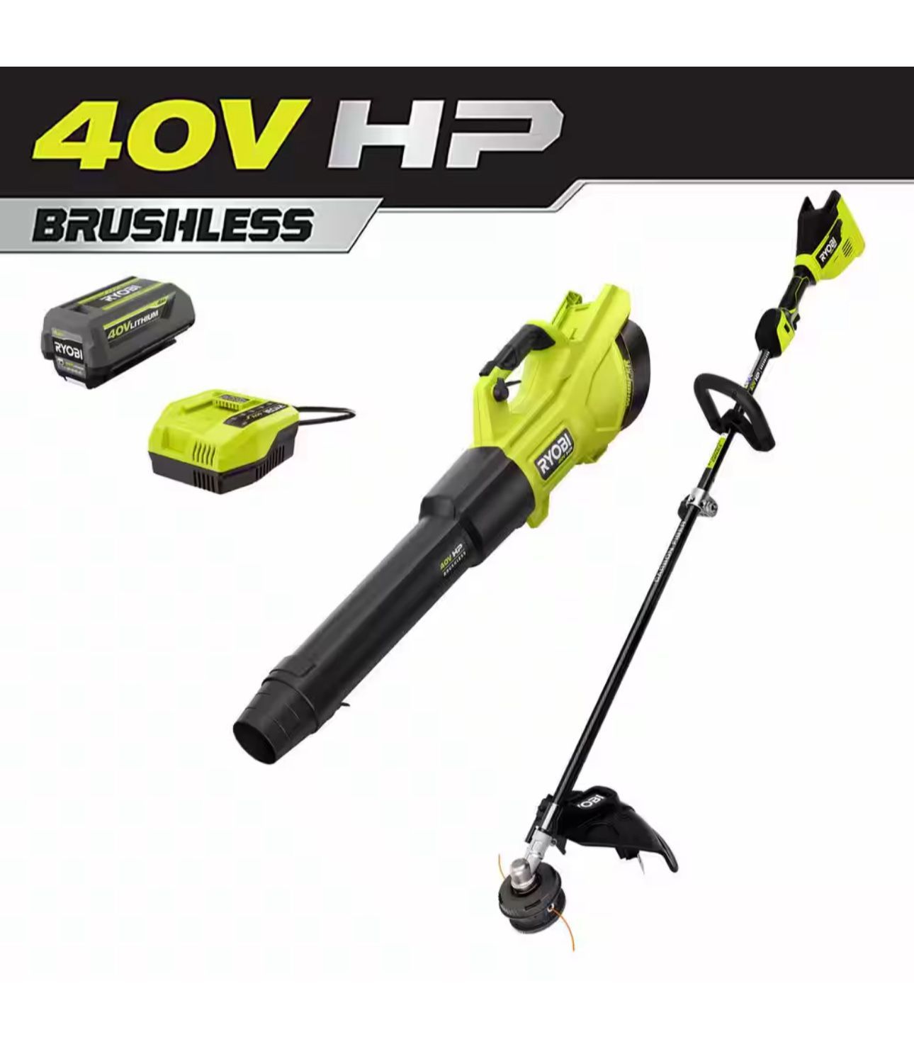 RYOBI 40V HP Brushless 600 CFM 155 MPH Cordless Leaf Blower and Carbon Fiber String Trimmer with 4.0 Ah Battery and Charger