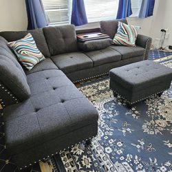 Only $52 Down High Quality Black Gray Linen Sectional With Cup Holder Pillows And Storage Ottoman