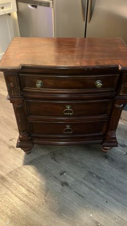 Dark Wood 3-Drawer Nightstand with Brass Hardware