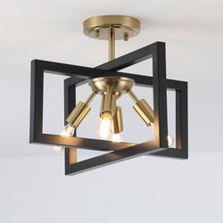 Semi-Flush Mount Ceiling Light - Modern Industrial Light Fixture Black and Gold,4-Light 