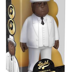 a Funko Gold Notorious B.I.G. Premium Vinyl Figure in a white suit