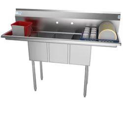 54 in. Freestanding Stainless Steel 3 Compartments Commercial Sink with Drainboard