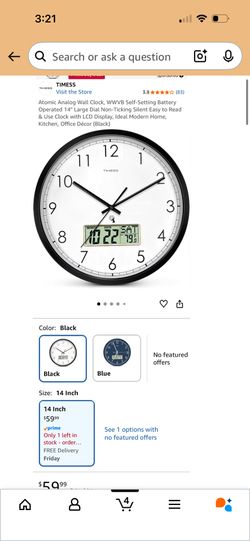 Atomic Analog Wall Clock, WWVB Self-Setting Battery Operated 14" Large Dial Non-Ticking Silent Easy to Read & Use Clock with LCD Display, Ideal Modern