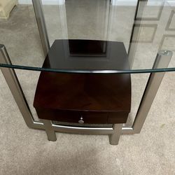 GLASS  TOP  COFFEE Table With Metal Frame And Wood Shelf/Drawer, EXC COND!