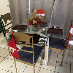 Set of 4 Metal Chairs - Gold - Newly Upholstered Seats